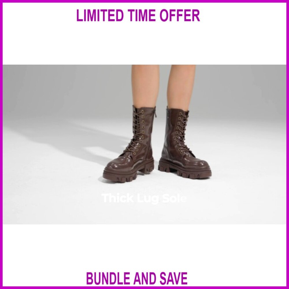 Women's Combat Boots Mid Calf Low Heel Chunky Platform Lug Sole - Picture 7 of 7